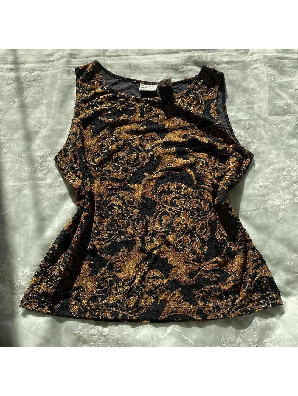 Vintage 90s black casual tank top with pretty and brown/ gold pattern design